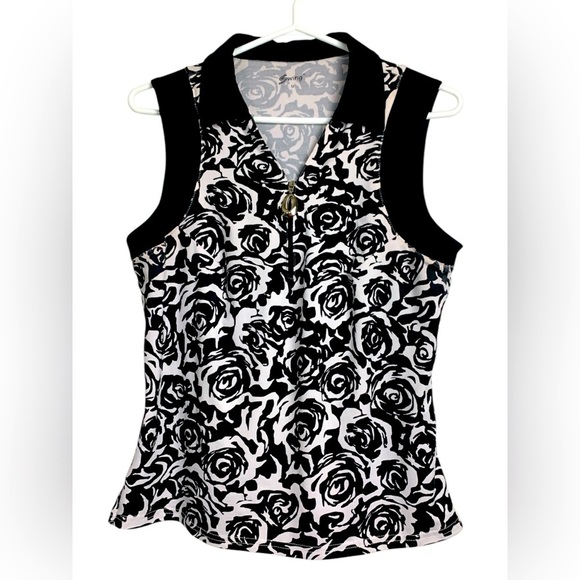 Swing Golf Shirt,Sleeveless, Stretchy, Front Zipper, White w Black Roses, Trim - Picture 1 of 9